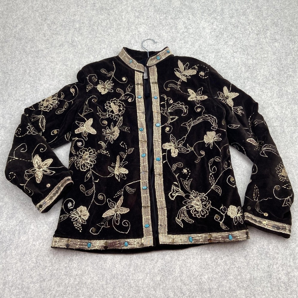 Chico's Jacket Womens 0 Brown Velvet Embroidered Beaded Floral Boho Party
